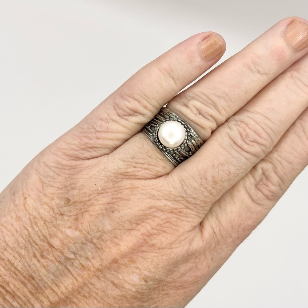 Sterling Silver & Pearl Wide Band Ring size 7 - Picture 8 of 11